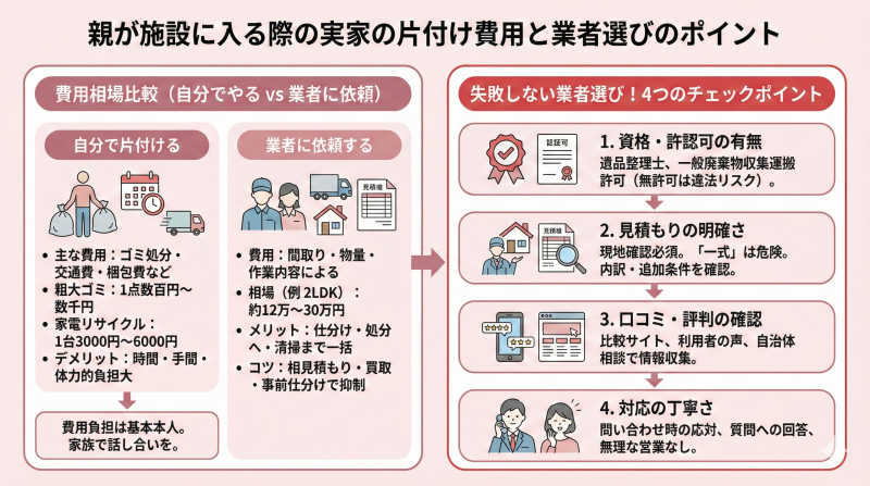 親が施設に入る際の実家の片付け費用と業者選びのポイント