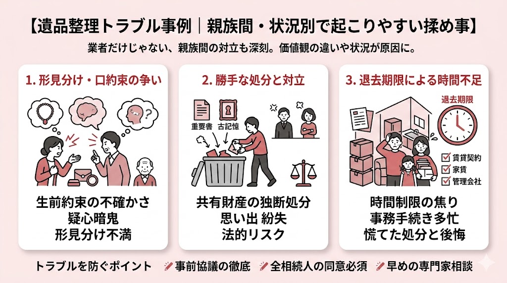 遺品整理のトラブル事例|親族間・状況別で起こりやすい揉め事