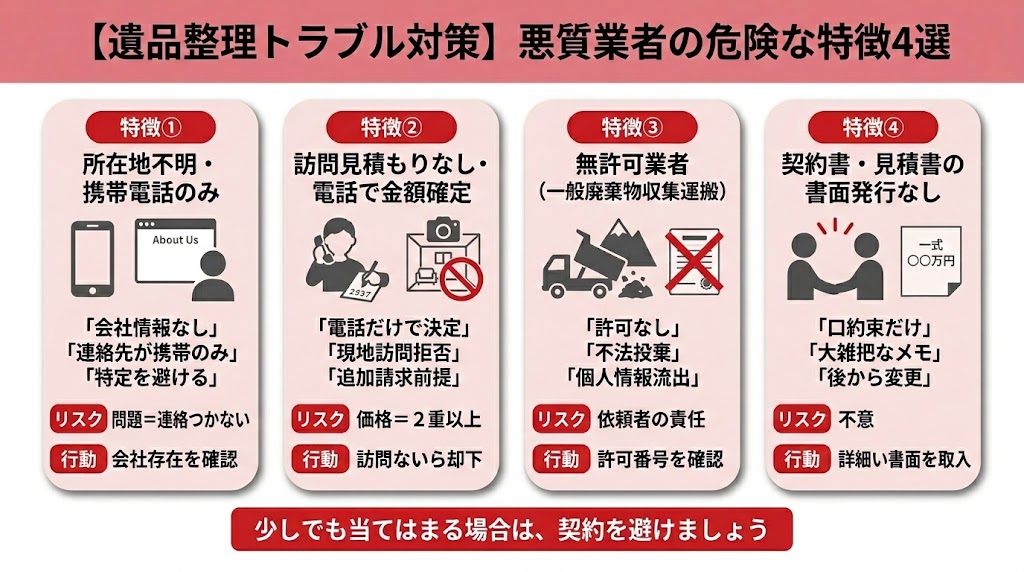 遺品整理のトラブルを招く悪質業者に共通する危険な特徴